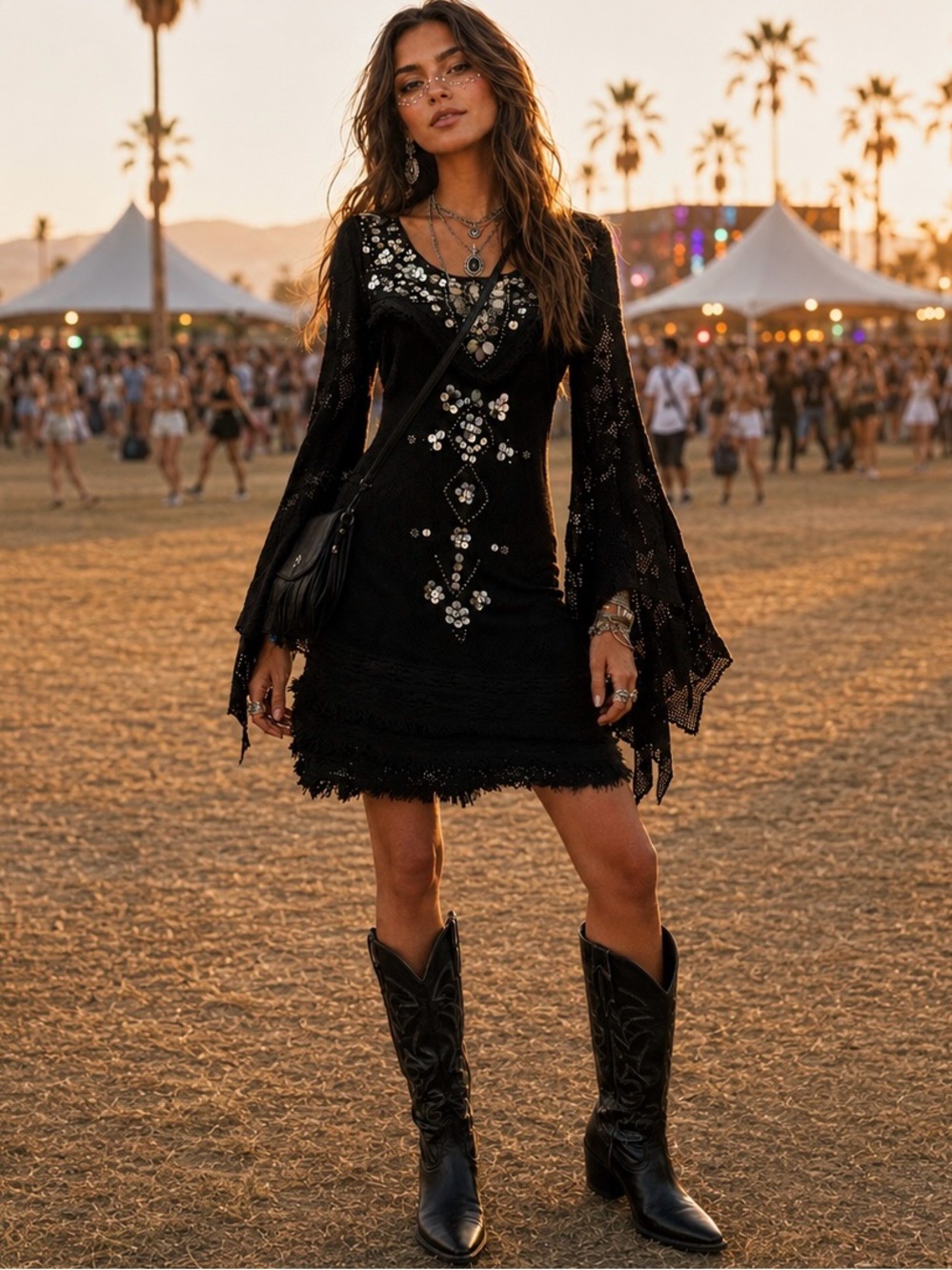 FREE PEOPLE Moonlit Gypsy Black Sequin Crochet Bell Sleeve Mini Dress, Sz 4